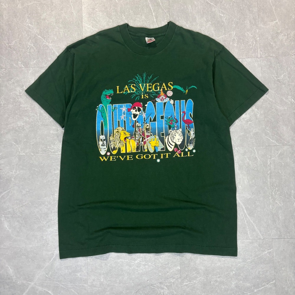 Vintage Fruit of the Loom Las Vegas Is Outrageous Graphic T-Shirt XL Green USA